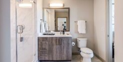 Bathroom with quartz countertop and wood cabinetry